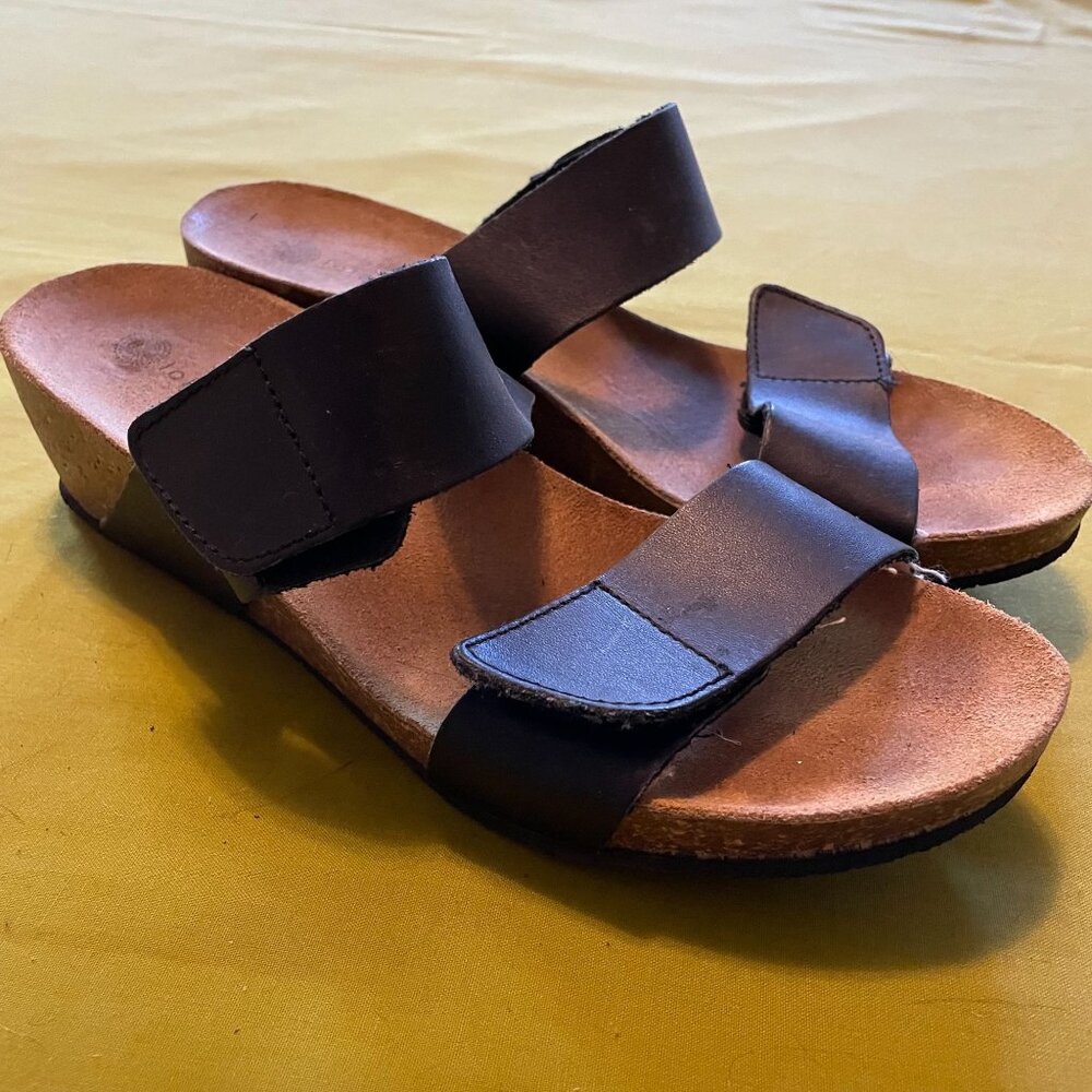Eric Michael Lola Sabbia Liat Cork Wedge Sandal Black Vegan Leather Size 40